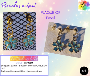 Boucles clous Plaqué or fleur émail bleu clair Les Couleurs de Lo