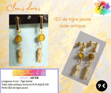 Boucles clous dorés Œil de tigre jaune Jade antique Les Couleurs de Lo