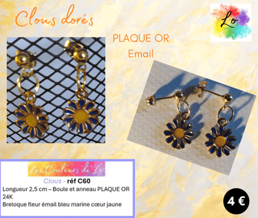 Clous d'oreille Plaqué or fleur émail bleu marine Les Couleurs de Lo