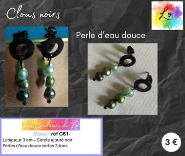 Boucles clous noirs perles d'eau douce vertes Les Couleurs de Lo