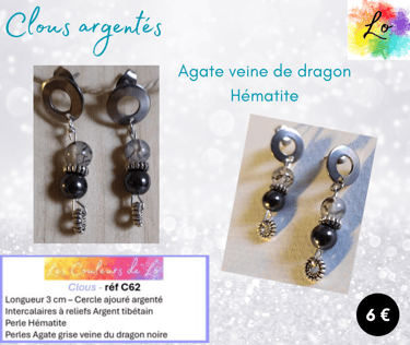 Boucles clous argentés Agate Hématite Les Couleurs de Lo