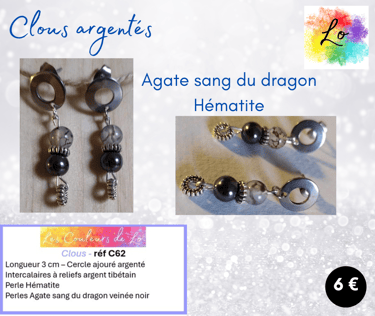 Boucles clous argentés Agate sang du dragon Hématite disque Argent tibétain Les Couleurs de Lo