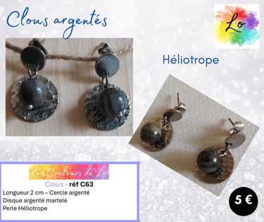 Boucles clous argentés disque métal martelé Héliotrope Les Couleurs de Lo