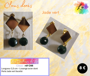 Boucles clous dorés losange métal Jade vert Les Couleurs de Lo