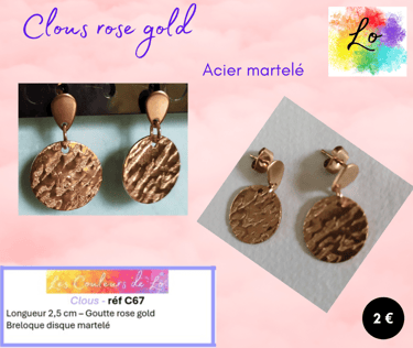 Boucles clous rose gold disque métal martelé Les Couleurs de Lo
