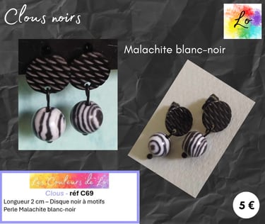 Boucles clous noirs Malachite blanc-noir Les Couleurs de Lo