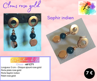 Boucles clous rose gold Saphir indien perle acier Les Couleurs de Lo