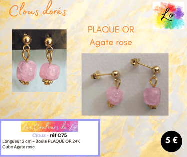 Clous d'oreille Plaqué or Agate rose Les Couleurs de Lo
