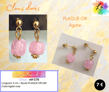 Boucles clous Plaqué or Agate rose Les Couleurs de Lo