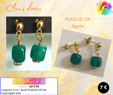 Boucles clous Plaqué or Agate verte Les Couleurs de Lo