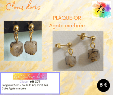 Clous d'oreille Plaqué or Agate marbrée Les Couleurs de Lo