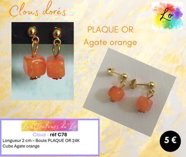 Boucles clous Plaqué or Agate orange Les Couleurs de Lo