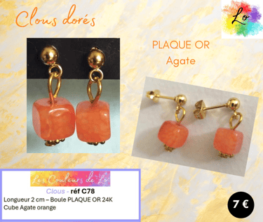 Boucles clous Plaqué or Agate orange Les Couleurs de Lo