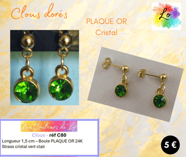 Boucles clous Plaqué or strass cristal vert Les Couleurs de Lo