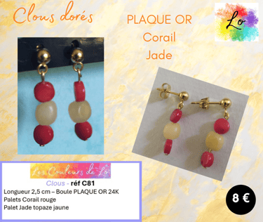 Clous d'oreille Plaqué or Corail Jade Les Couleurs de Lo