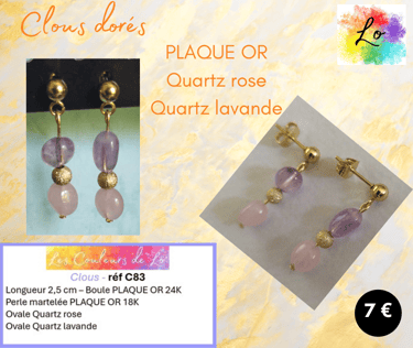 Clous d'oreille Plaqué or Quartz rose Quartz lavande Les Couleurs de Lo