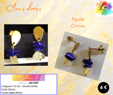 Boucles Clous Agate bleue Citrine Les Couleurs de Lo