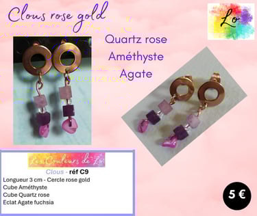 Boucles clous rose gold Quartz rose Améthyste Agate fuchsia Les Couleurs de Lo
