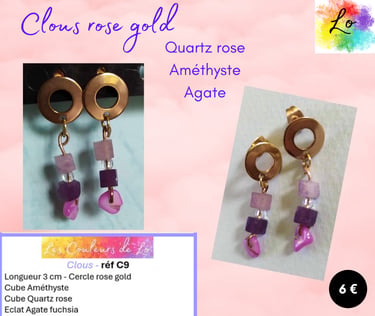 Boucles clous rose gold Quartz rose Améthyste Agate fuchsia Les Couleurs de Lo