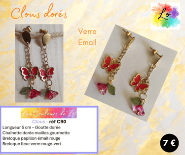 Boucles clous dorés chaînette papillon émail rouge fleur verre rouge-vert Les Couleurs de Lo