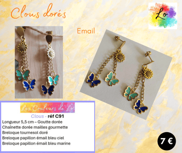 Boucles clous dorés chaînette tournesol papillons bleus Les Couleurs de Lo
