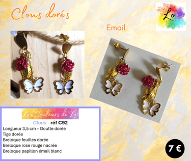 Boucles clous dorés rose métal rouge nacré papillon émail blanc Les Couleurs de Lo