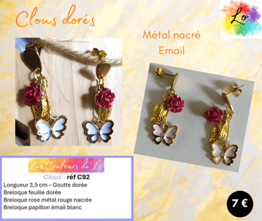 Boucles clous dorés papillon émail blanc rose métal rouge nacré Les Couleurs de Lo