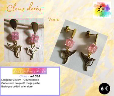 Boucles clous dorés verre craquelé rouge pastel colibri acier Les Couleurs de Lo