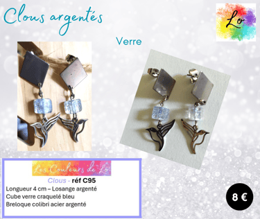 Boucles clous losange argenté verre craquelé bleu colibri acier Les Couleurs de Lo