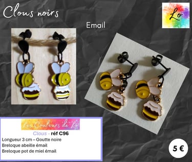 Boucles clous noirs abeille pot de miel émail Les Couleurs de Lo