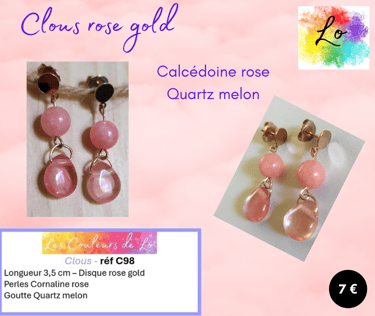 Boucles clous dorés Calcédoine rose Quartz melon Les Couleurs de Lo