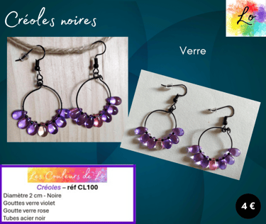 Créoles noires 2 cm gouttes verre violet et rose tubes acier noir Les Couleurs de Lo