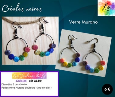 Créoles noires 3 cm verre Murano couleurs arc-en-ciel Les Couleurs de Lo