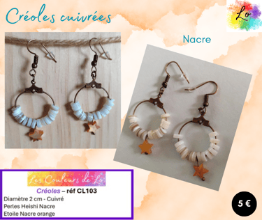 Créoles cuivrées 2 cm Heishi Nacre étoile Nacre orange Les Couleurs de Lo