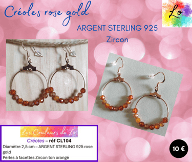 Créoles Argent Sterling rose gold 2,5cm Zircon orange Les Couleurs de Lo