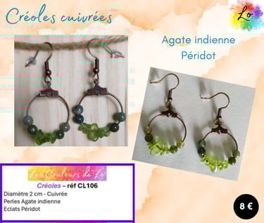 Créoles cuivrées 2 cm Agate indienne Péridot Les Couleurs de Lo