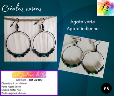 Créoles noires 4 cm Agate verte Agate indienne Les Couleurs de Lo