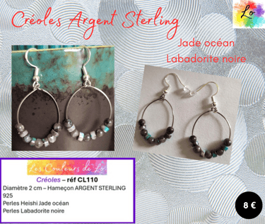 Créoles Argent sterling 2 cm Jade océan Labadorite noire Les Couleurs de Lo
