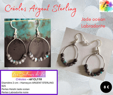 Créoles Argent sterling 2 cm Jade océan Labradorite noire Les Couleurs de Lo