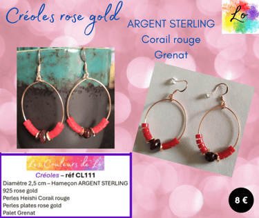 Créoles Argent sterling rose gold 2,5 cm Corail rouge Grenat Les Couleurs de Lo