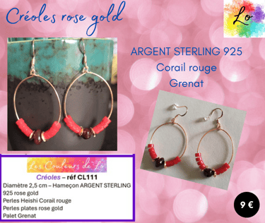 Créoles Argent sterling rose gold 2,5 cm Corail rouge Grenat Les Couleurs de Lo