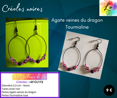 Créoles noires 3,5 cm Agate veines du dragon Tourmaline Les Couleurs de Lo