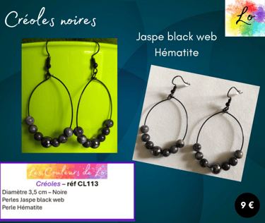 Créoles noires 3,5 cm Jaspe black web Hématite Les Couleurs de Lo