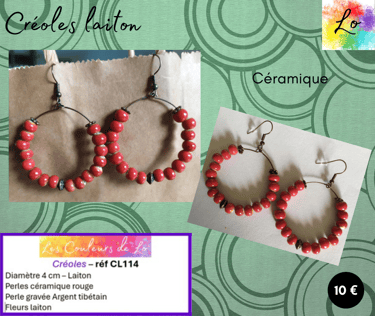 Créoles laiton 4 cm céramique rouge Les Couleurs de Lo