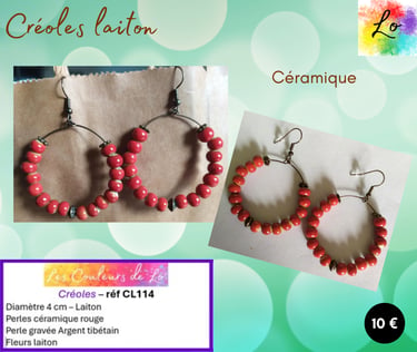 Créoles laiton 4 cm céramique rouge Les Couleurs de Lo
