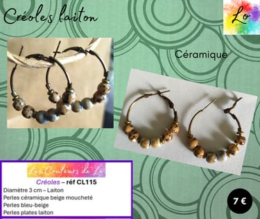 Créoles laiton 3 cm céramique beige et bleue Les Couleurs de Lo