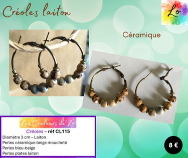 Créoles laiton 3 cm céramique beige et bleue Les Couleurs de Lo