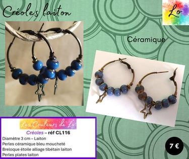 Créoles laiton 3 cm céramique bleu moucheté étoile laiton Les Couleurs de Lo