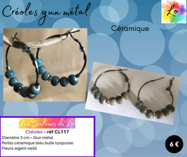 Créoles gun métal 3 cm céramique bleue Les Couleurs de Lo
