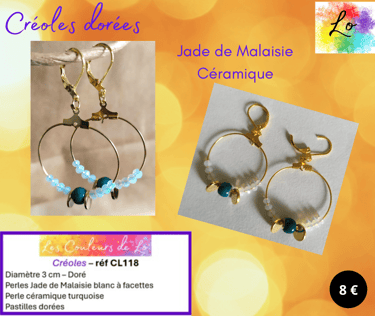 Créoles dorées 3 cm Jade de Malaisie blanc céramique turquoise Les Couleurs de Lo